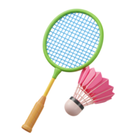 A cheerful 3D rendering showcases a bright green and yellow badminton racket alongside a pink shuttlecock, ready for a fun game. The image is lively and inviting. png