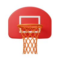 A vibrant red basketball hoop, rendered in a clean 3D style, stands out against a white background. The orange net adds a playful contrast. Simple yet striking png