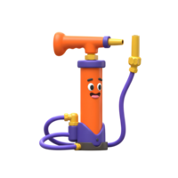 A happy, orange air pump with a purple hose smiles cheerfully. Its playful 3D design creates a fun, lighthearted mood. png