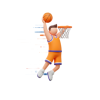 A playful 3D cartoon basketball player leaps high, about to dunk, motion lines suggesting incredible speed and energy. Fun, vibrant, action png