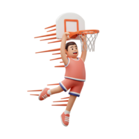 A cheerful cartoon basketball player leaps high, executing a powerful dunk. Motion blur adds excitement to this vibrant, playful scene. png