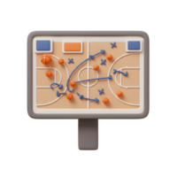 A charming 3D rendering shows a basketball playbook. Miniature balls and arrows illustrate the game plan on a court. Playful and strategic png