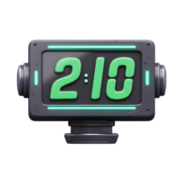 A captivating retro-futuristic digital clock showcases a vibrant green display on a dark grey metallic frame, evoking a nostalgic yet modern feel. png