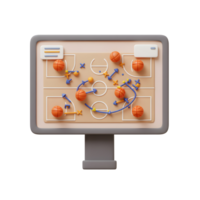A playful 3D rendering showcases a basketball strategy board, orange balls marking planned moves on a beige court. The scene is cheerful and engaging. png
