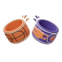dos encantador renderizado en 3d anillos, uno naranja con un baloncesto diseño y el otro púrpura con un baloncesto jugador silueta, en broma rebotar dentro vista. un divertido, deportivo ambiente png