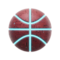 A mesmerizing red metallic basketball, its surface etched with intricate circuit patterns, glows with vibrant cyan lines. The futuristic design creates a captivating, high-tech feel. png