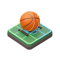 A vibrant orange basketball rests on a miniature green court, outlined in bright neon. The isometric view adds a dynamic feel, creating a playful, energetic mood. png