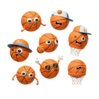 Adorable basketballs with expressive faces and fun accessories create a lighthearted and charming scene. Each ball has a unique personality png