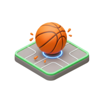 A vibrant orange basketball rests on a stylized court, glowing with neon energy. The isometric view adds a unique perspective, capturing a dynamic and playful mood. png