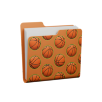 A vibrant orange file folder features a repeating pattern of basketballs, adding a fun, sporty touch to organization. Papers peek from the top, ready to be filed. png