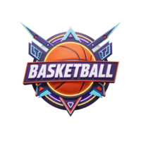 A vibrant basketball takes center stage in this retro-styled emblem, encircled by neon lights and geometric shapes, creating an energetic and exciting visual. png