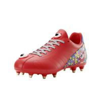 A vibrant red soccer cleat stands out with quirky eyes and a fun, colorful doodle pattern. The playful design creates a lighthearted, energetic feel. png