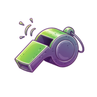 A playful green and purple whistle, rendered in a cartoon style, is shown emitting a sound. Its textured design adds a fun, dynamic feel. png