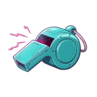 A vibrant teal whistle, styled with futuristic tech details, emits a sharp, energetic sound. Its sleek design and bright color pop against a stark white background, creating a dynamic visual. png