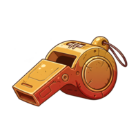 A cartoon whistle, aged and golden, emits a sharp blast. Its worn texture and vibrant colors create a playful, nostalgic feel. png