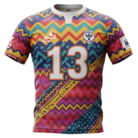 A lively jersey bursts with a vibrant mix of zigzags, dots, and tribal patterns. Number 13 stands out boldly against the colorful backdrop, creating a dynamic and energetic design. png