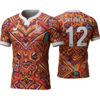 Eye-catching jersey boasts a dynamic tribal pattern in warm oranges and deep reds. Number 12 is prominently displayed. The mood is energetic and bold. png