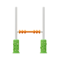 Whimsical 3D render of rugby goalposts. Bright orange crossbar, green textured bases, and white uprights create a fun, playful mood. png