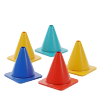 Five vibrant traffic cones, each a different bold color, arranged playfully on a white background. A simple yet cheerful scene. png