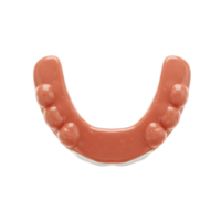A close-up reveals a peach-colored athletic mouthguard, its U-shape and textured surface subtly highlighted against a stark white background. Clean lines and a simple design. png