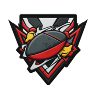 A powerful mascot fiercely clutches a rugby ball within a bold, geometric emblem. Red and black color scheme creates a dynamic, energetic feel. png