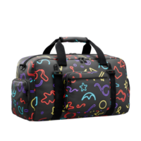A vibrant weekender bag, adorned with a playful neon pattern on a sleek black base. Perfect for travel or gym use Fun, colorful, and practical. png