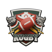 A dynamic rugby emblem featuring a 3D shield design, crossed tackles, fierce mascots, and a central rugby ball, creating a powerful and spirited visual. png