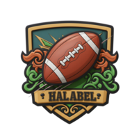 A dynamic American football takes center stage in this vintage-style emblem. Intricate swirling greens and fiery oranges surround the ball, creating a bold and energetic mood. png