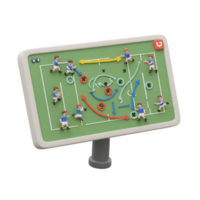 A playful 3D rendering shows a soccer playbook on a digital screen, miniature players strategically positioned, arrows indicating movement, setting a vibrant and engaging mood. png
