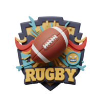 A vibrant rugby ball takes center stage in this fun, cartoonish emblem. Bold colors and playful elements create a dynamic and energetic mood. png
