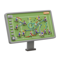 A vibrant digital playbook showcases a dynamic soccer strategy. Miniature players and arrows illustrate a lively game plan on a green field, creating a fun and engaging scene. png