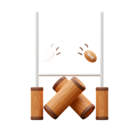 Two rugby balls soar towards the goalposts, set against a backdrop of charming wooden posts. A playful 3D rendering evokes a fun, sporty atmosphere. png