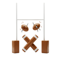 Two happy rugby balls playfully score a try Brown, cartoonish characters leap over the posts in a lighthearted, fun scene. png