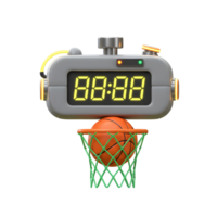 A playful 3D render shows a retro digital clock above a basketball in a hoop. The vibrant colors and design create a fun, energetic mood. png