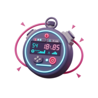 A vibrant, retro-futuristic stopwatch glows with neon accents, displaying game stats. Pink accents add a playful touch to this dynamic digital timer. png