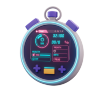 A sleek, futuristic stopwatch displays vibrant neon health and game metrics. Its cool design features a glowing display and simple controls, creating a captivating visual. png