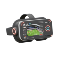 Experience the thrill A sleek, black VR headset showcases a vibrant soccer match within a packed stadium, creating an immersive and engaging virtual reality experience. png