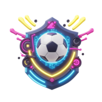 A gleaming soccer ball takes center stage, encased within a futuristic shield adorned with bright neon lights and dynamic splashes of color. The overall mood is energetic and modern. png