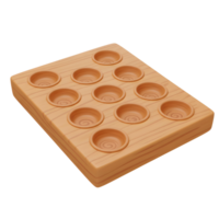 A charming wooden tray, cartoonishly rendered, features twelve small, evenly spaced cups. Its rustic warmth evokes a sense of simple craftsmanship. png