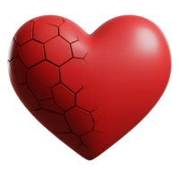 A vibrant red heart, fractured into hexagonal segments, evokes a poignant sense of heartbreak. The smooth, unbroken half contrasts sharply with the cracked side, creating a striking visual. png