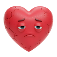 A 3D-rendered cartoon heart, cracked and showing sadness. Its red surface is textured, and its melancholic expression evokes empathy. png