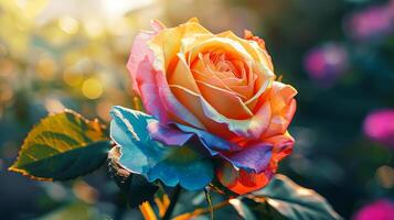 A vibrant multicolored rose in full bloom bathed in soft sunlight, creating a captivating and serene garden scene. photo