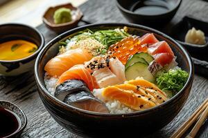 A bowl of sushi with a variety of different types of fish photo