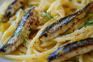 A plate of pasta with fish on it photo