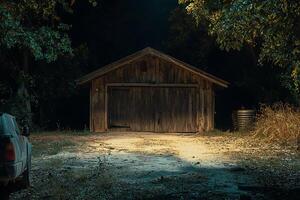 A car parked in front of a shed at night photo