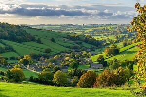 A view of a beautiful countryside with a few trees photo