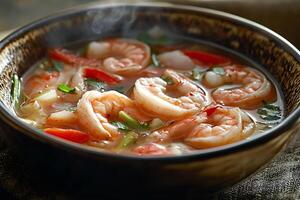 A bowl of soup with shrimp and vegetables photo