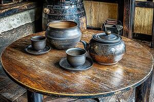 A table with three cups and a pot on it photo