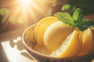 A bowl of ice cream with lemon slices photo