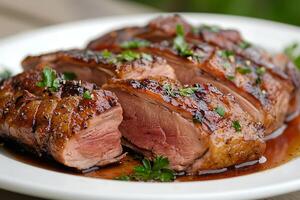 A plate of meat with sauce and herbs on it photo